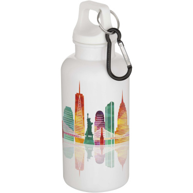 Logotrade Werbeartikel das Foto: Oregon 400 ml einfarbige RS-zertifizierte Trinkflasche aus recyceltem Kunststoff mit Karabinerhaken