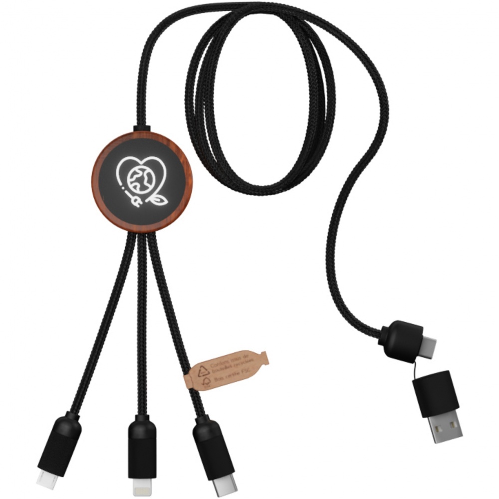 Logo trade promotional products image of: SCX.design C37 5-in-1 rPET light-up logo charging cable with round wooden casing