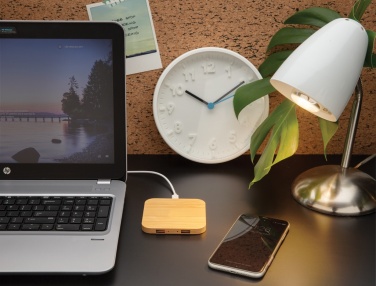 Logo trade business gifts image of: Bamboo 5W wireless charger with USB