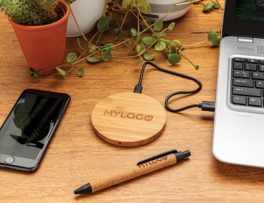 Logo trade promotional items image of: Bamboo 5W round wireless charger
