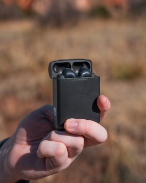 Logotrade promotional product image of: Skywave RCS recycled plastic solar earbuds