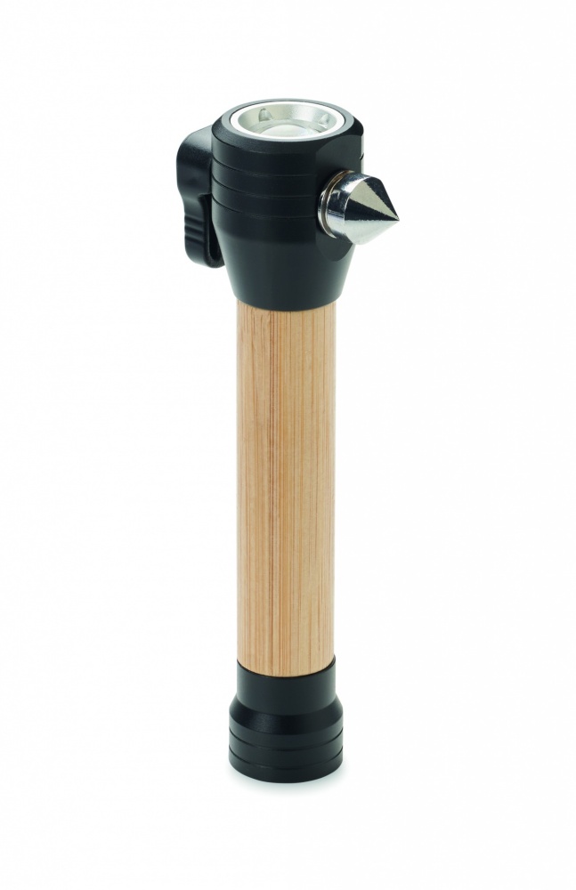 Logotrade corporate gift image of: 3-in-1 bamboo flashlight with an emergency hammer and seatbelt cutter