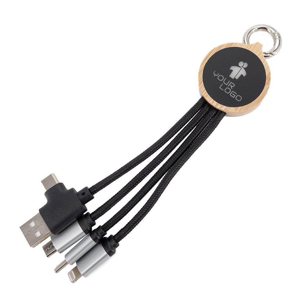 Logo trade promotional gifts image of: 4-in-1 cable with elighted logo in a wooden casing, LH-ZMU05