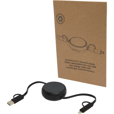 Logo trade promotional giveaway photo of: Alasia 5-in-1 100 cm recycled plastic and aluminium retractable data sync and 45W fast charge cable