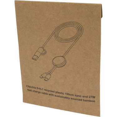 Logotrade promotional item picture of: Chechia 5-in-1 recycled plastic 150 cm data sync and 27W fast charge cable with bamboo details