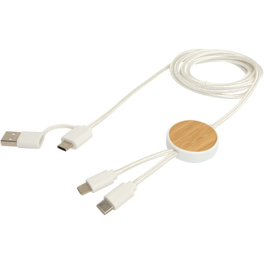 Logotrade promotional merchandise picture of: Chechia 5-in-1 recycled plastic 150 cm data sync and 27W fast charge cable with bamboo details