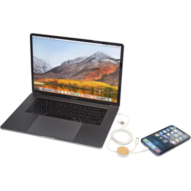 Logotrade corporate gift image of: Chechia 5-in-1 recycled plastic 150 cm data sync and 27W fast charge cable with bamboo details