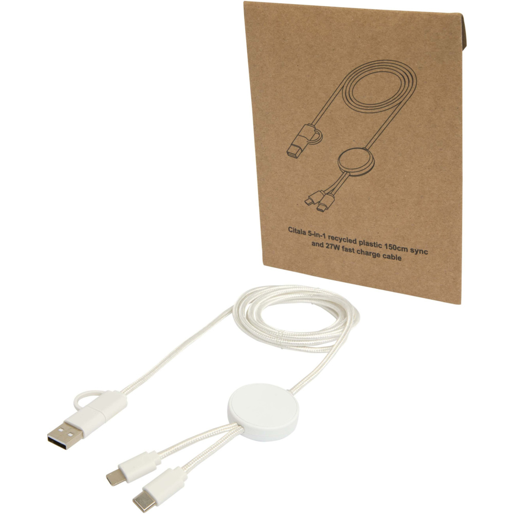 Logotrade promotional item image of: Citala 5-in-1 recycled plastic 150 cm data sync and 27W fast charge cable