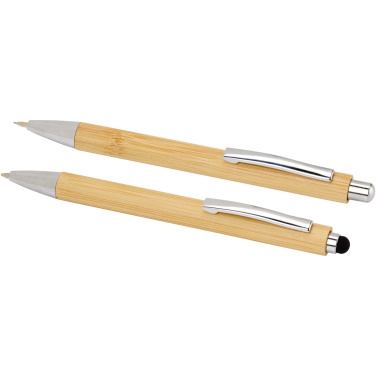 Logo trade promotional item photo of: Oblys bamboo ballpoint pen and mechanical pencil set (black ink)