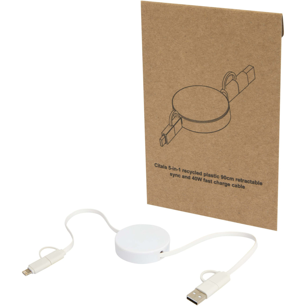 Logotrade ärikingituse foto: Citala 5-in-1 taaskasutatud plastist 90 cm ülestõstetav andmesünkroonimine ja 40 W kiirlaadimiskaabel