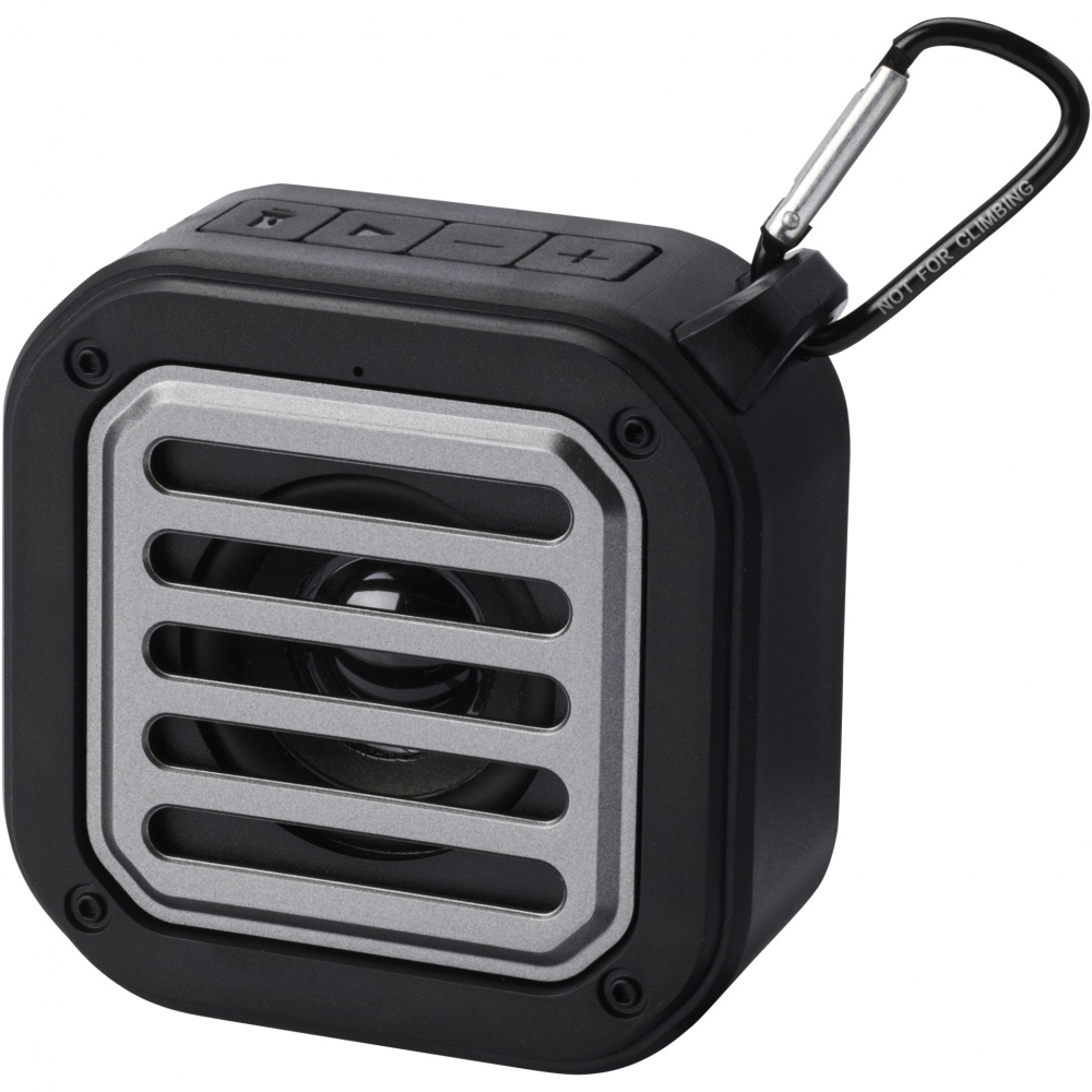 Logotrade mainoslahja tuotekuva: Solo 3 W:n IPX5 RCS -kierrätetystä muovista valmistettu, aurinkoenergialla toimiva Bluetooth®-kaiutin jousihaalla 