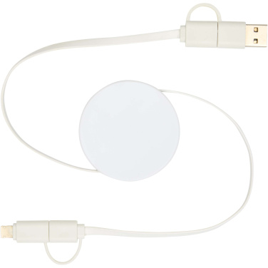 Logotrade liikelahja tuotekuva: Citala kierrätysmuovinen 40 W:n ja 90 cm:n sisäänvedettävä datasynkronoiva 5-in-1-pikalatauskaapeli
