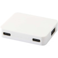 „Gaia“ 4 prievadų USB šakotuvas su USB-A ir C tipo išvestimis bei dviguba įvestimi – pagamintas iš perdirbto plastiko, Balta