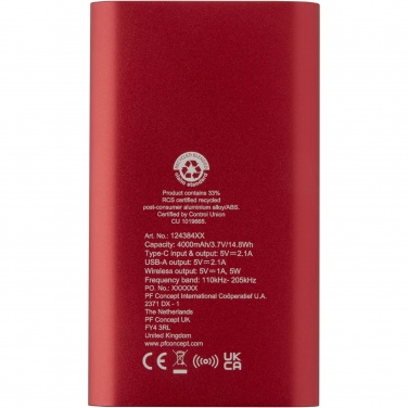 Logotrade Ideja dāvanas foto: Juice 4000 mAh C tipa pārstrādāta alumīnija bezvadu barošanas banka 