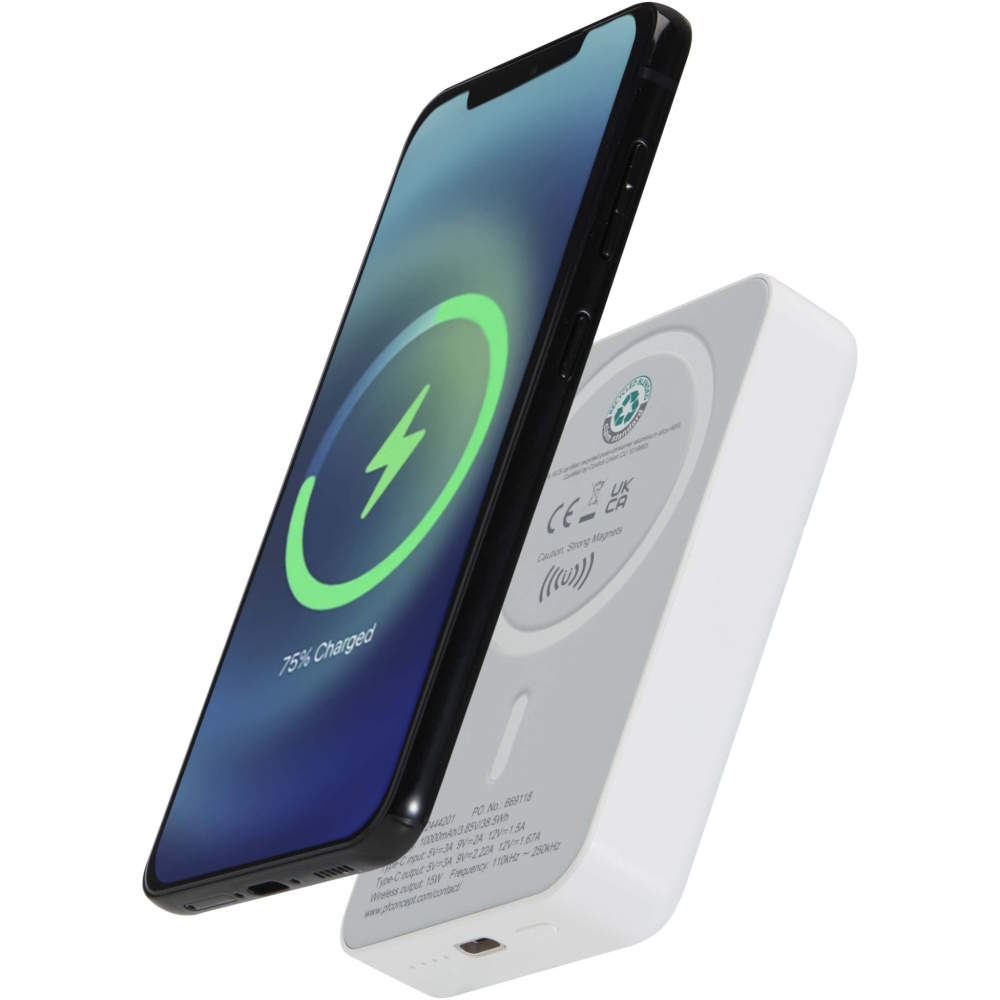 Logotrade logo dāvanas foto: Acrab 10.000 mAh 15W magnētiskā bezvadu pārnēsājamā uzlādes ierīce ar 20W PD - izgatavota no pārstrādātas plastmasas