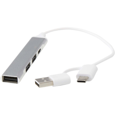 Logotrade presentreklam bild: Alkaid 4-portars USB-A- och Typ-C-hubb med dubbla ingångar av återvunnen aluminium