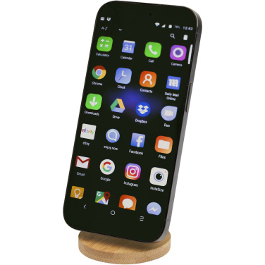 Logotrade profilprodukter bild: Alcor vikbart magnetiskt telefonställ av återvunnen plast med detaljer i bambu